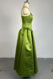 Green Sweet Solid Patchwork Fold Spaghetti Strap A Line Dresses