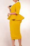 Yellow Elegant Solid Patchwork Flounce Zipper O Neck Pencil Skirt Dresses