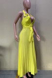Yellow Sweet Solid Bandage Patchwork Metal Accessories Decoration Pleated Halter A Line Dresses