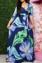 Blue Elegant Floral Patchwork V Neck A Line Dresses