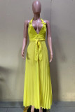 Yellow Sweet Solid Bandage Patchwork Metal Accessories Decoration Pleated Halter A Line Dresses