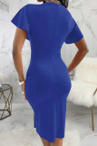 Blue Elegant Solid Patchwork Slit Zipper O Neck Wrapped Skirt Dresses
