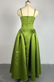 Green Sweet Solid Patchwork Fold Spaghetti Strap A Line Dresses