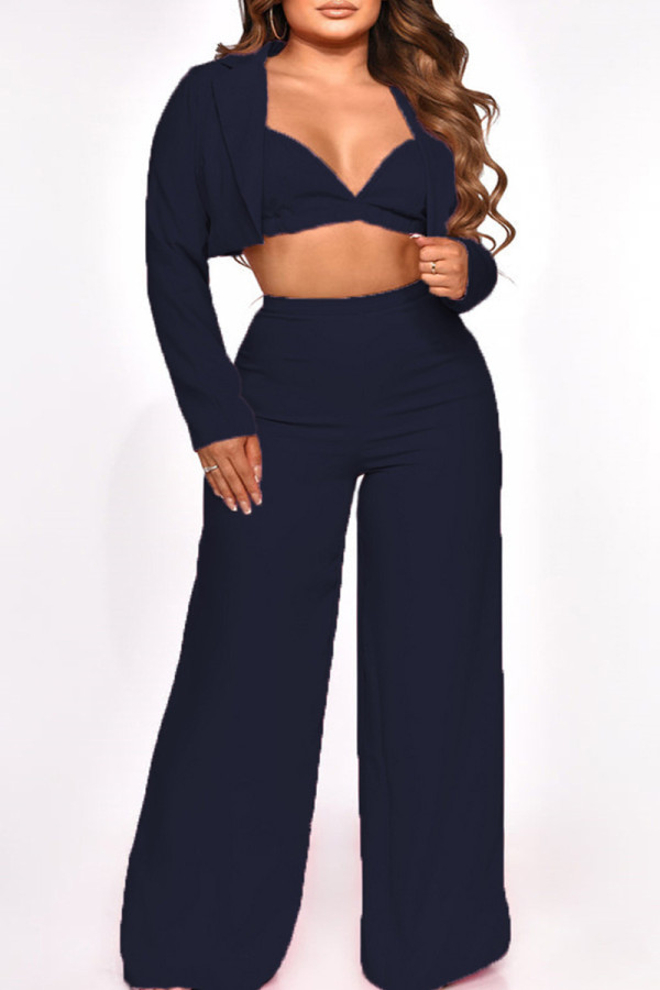 Black Casual Solid Patchwork Turn-back Collar Long Sleeve Three Pieces