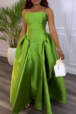 Green Sweet Solid Patchwork Fold Spaghetti Strap A Line Dresses
