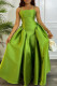 Green Sweet Solid Patchwork Fold Spaghetti Strap A Line Dresses