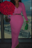 Pink Sexy Patchwork Buckle V Neck Long Sleeve Two Pieces