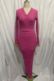 Pink Sexy Patchwork Buckle V Neck Long Sleeve Two Pieces