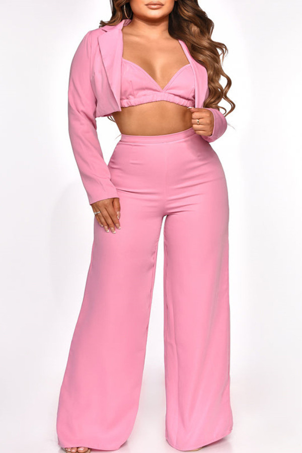 Pink Casual Solid Patchwork Turn-back Collar Long Sleeve Three Pieces