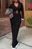 Pink Sexy Patchwork Buckle V Neck Long Sleeve Two Pieces