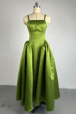 Green Sweet Solid Patchwork Fold Spaghetti Strap A Line Dresses