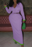 Purple Sexy Patchwork Buckle V Neck Long Sleeve Two Pieces