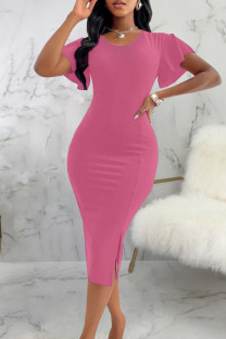 Pink Elegant Solid Patchwork Slit Zipper O Neck Wrapped Skirt Dresses