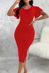 Red Elegant Solid Patchwork Slit Zipper O Neck Wrapped Skirt Dresses