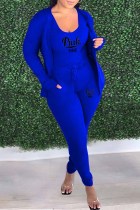 Blue Casual Print Letter U Neck Long Sleeve Three Pieces