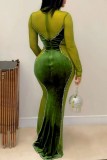 Green Sexy Solid Patchwork See-through O Neck Long Dress Dresses