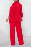 Red Casual Solid Basic Turn-back Collar Long Sleeve Two Pieces