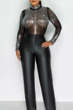 Black Sexy Patchwork See-through Hot Drill O Neck Skinny Bodysuits