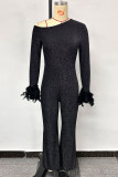 Black Sweet Solid Patchwork Feathers Oblique Collar Regular Jumpsuits