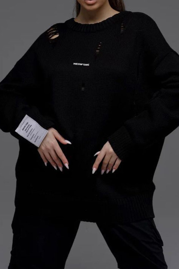 Black Street Ripped Patchwork O Neck Tops