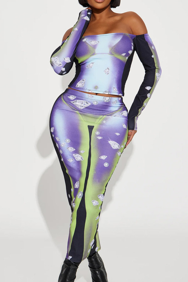 Green Sexy Print Patchwork Off the Shoulder Long Sleeve Two Pieces
