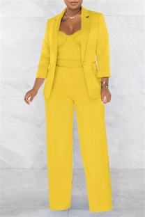 Yellow Casual Solid Basic Turn-back Collar Long Sleeve Two Pieces