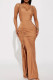 Brown Sexy Solid Patchwork Draw String High Opening Spaghetti Strap Long Dress Dresses