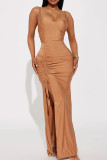 Brown Sexy Solid Patchwork Draw String High Opening Spaghetti Strap Long Dress Dresses