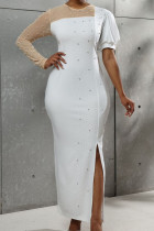 White Celebrities Solid Patchwork Slit Hot Drill Zipper O Neck Long Dress Dresses
