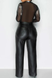 Black Sexy Patchwork See-through Hot Drill O Neck Skinny Bodysuits