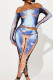 Orange Sexy Print Patchwork Off the Shoulder Long Sleeve Two Pieces