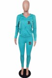 Lake Blue Casual Print Letter Hooded Collar Long Sleeve Two Pieces