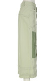 Green Street Ripped Patchwork Pocket Buttons Slit Zipper Regular Low Waist Conventional Patchwork Bottoms