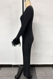 Black Sweet Solid Patchwork Feathers Oblique Collar Regular Jumpsuits