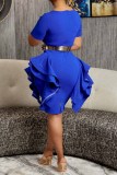 Blue Elegant Print Patchwork Letter Without Belt O Neck Wrapped Skirt Dresses(Without Belt)