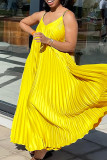 Yellow Elegant Solid Patchwork Pleated Spaghetti Strap Pleated Dresses