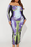 Green Sexy Print Patchwork Off the Shoulder Long Sleeve Two Pieces