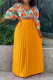 Yellow Print Patchwork Pleated V Neck Long Sleeve Two Pieces