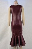 Fuchsia Sexy Solid Patchwork Zipper Pleated O Neck Trumpet Mermaid Dresses