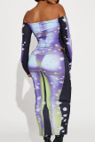 Green Sexy Print Patchwork Off the Shoulder Long Sleeve Two Pieces