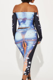 Green Sexy Print Patchwork Off the Shoulder Long Sleeve Two Pieces