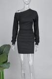 Black Sexy Street Solid Patchwork Oblique Collar Long Sleeve Two Pieces