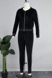 Black Casual Patchwork Pocket Zipper O Neck Long Sleeve Two Pieces