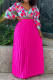 Rose Red Print Patchwork Pleated V Neck Long Sleeve Two Pieces