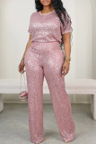 Pink Casual Patchwork Sequins O Neck Short Sleeve Two Pieces
