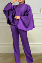 Purple Casual Solid Basic Half A Turtleneck Three Quarter Two Pieces