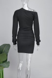 Black Sexy Street Solid Patchwork Oblique Collar Long Sleeve Two Pieces