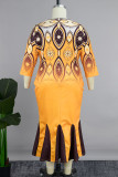 Brown Elegant Print Hollowed Out Patchwork Zipper O Neck Trumpet Mermaid Plus Size Dresses