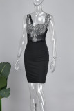 Black Street Hot Drilling Patchwork See-through Backless Asymmetrical Collar Wrapped Skirt Dresses