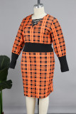 Orange Elegant Print Patchwork Cross Straps Slit Asymmetrical Collar Pencil Skirt Plus Size Dresses